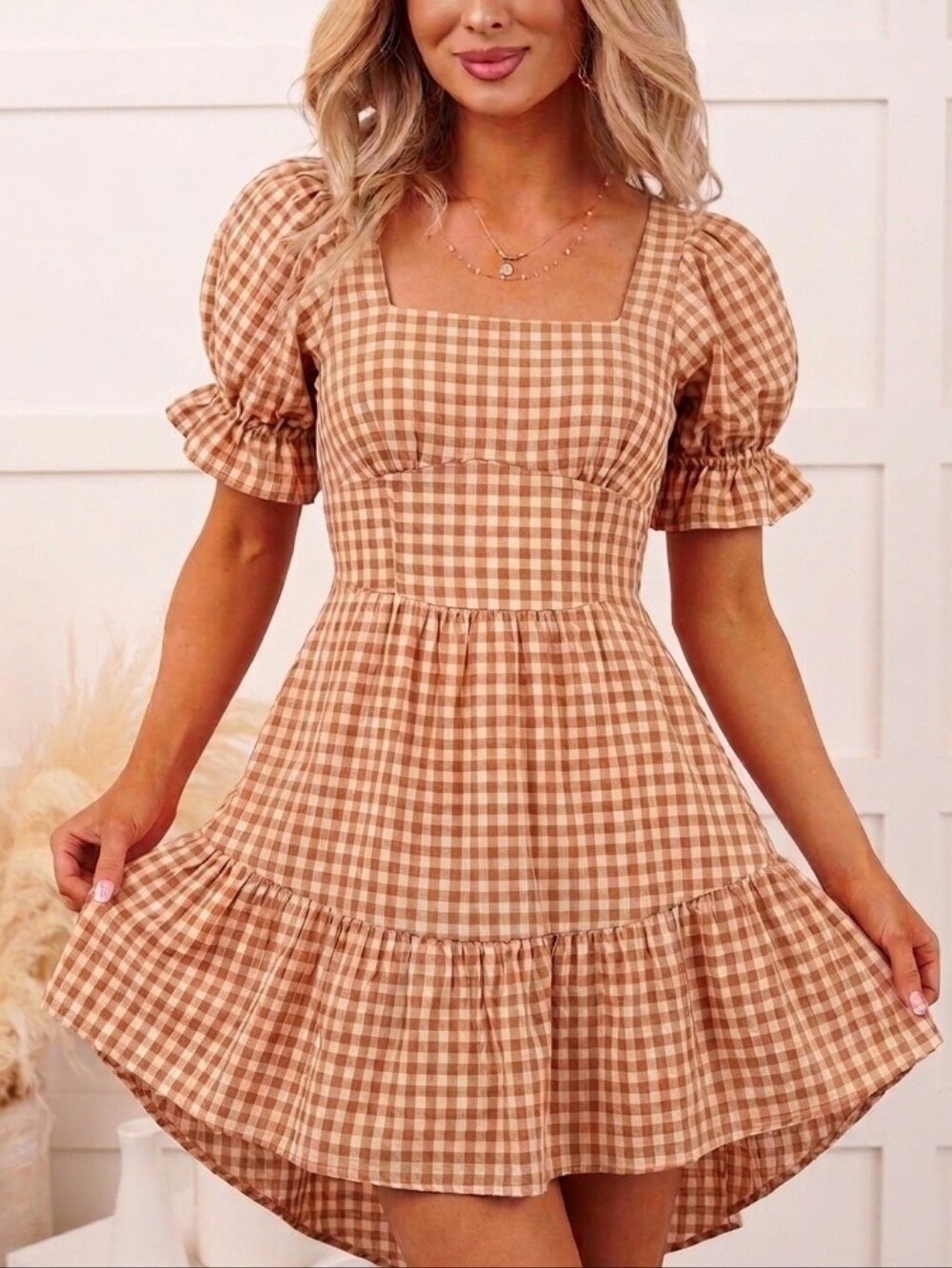 HYFVE Gingham Cutout Back Dress - Small - Ruffle Hem Puff Sleeve